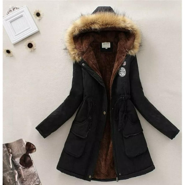 Womens Warm Long Coat Fur Collar Hooded Jacket Slim Winter Parka Outwear Coats with pockets light weight comfortable warm