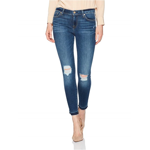 7 For All ManKind Jeans ajustados con dobladillo liberado para mujer, azul, 27 7 For All ManKind Ceñido