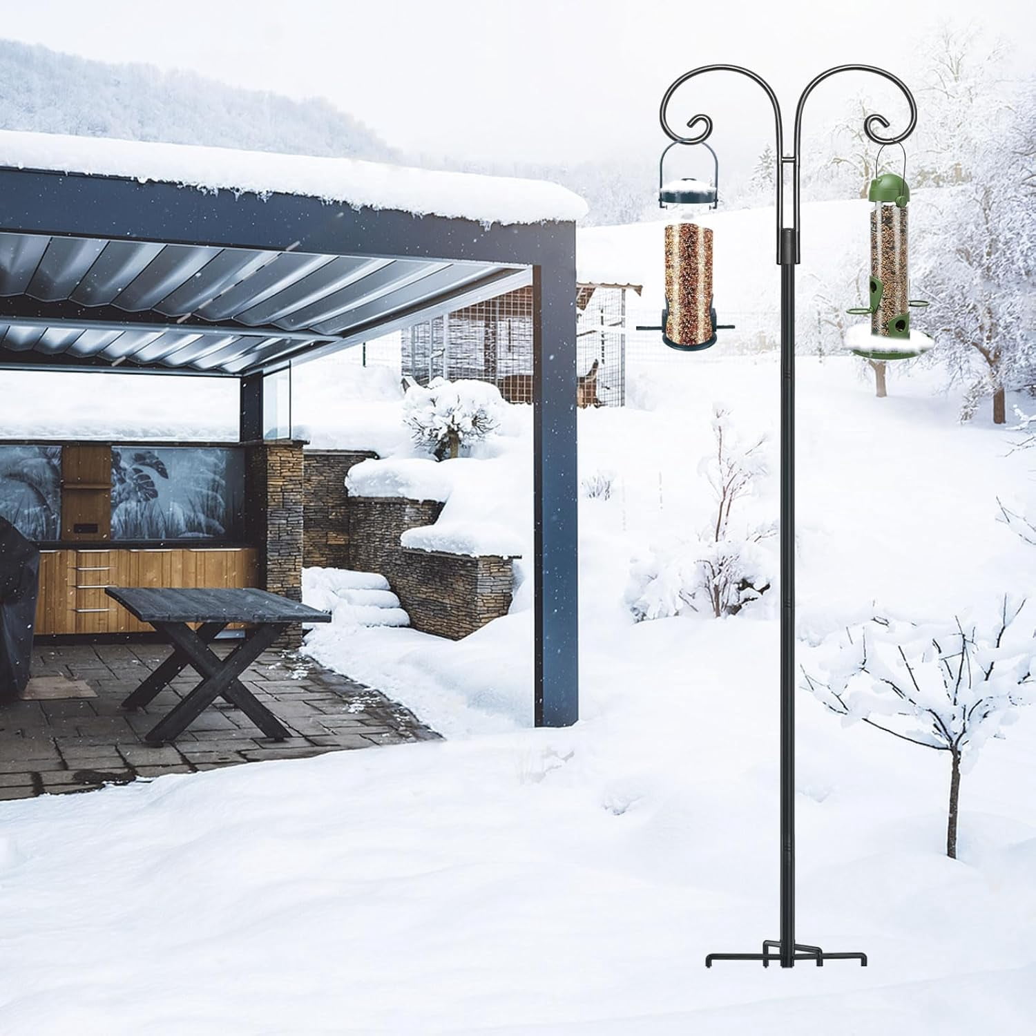 KOLAKO Bird Feeding Station, Heavy Duty Bird Feeder Poles, Metal Shepherd Hooks for Hanging Garden Lights, Basket, 193cm, Black