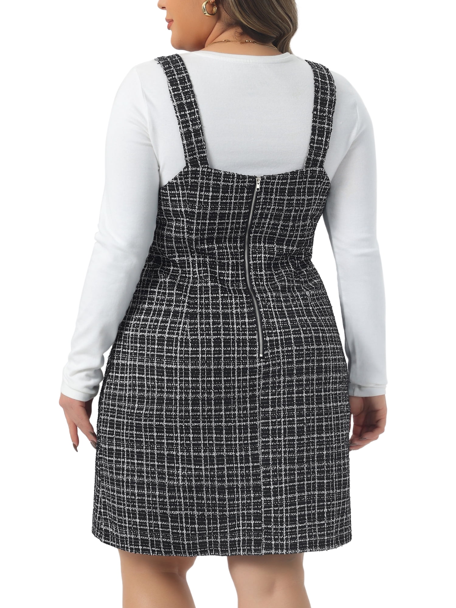 DARING DIVA Plus Size High Waist Tweed Single Breasted Overall Dress 1X Black White