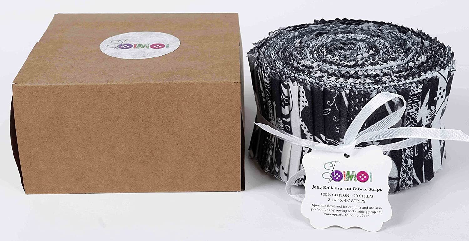 Soimoi 40Pcs Floral Artistic Print Cotton Precut Fabrics For Quilting Craft Strips 2.5x42inches Jelly Roll - Black