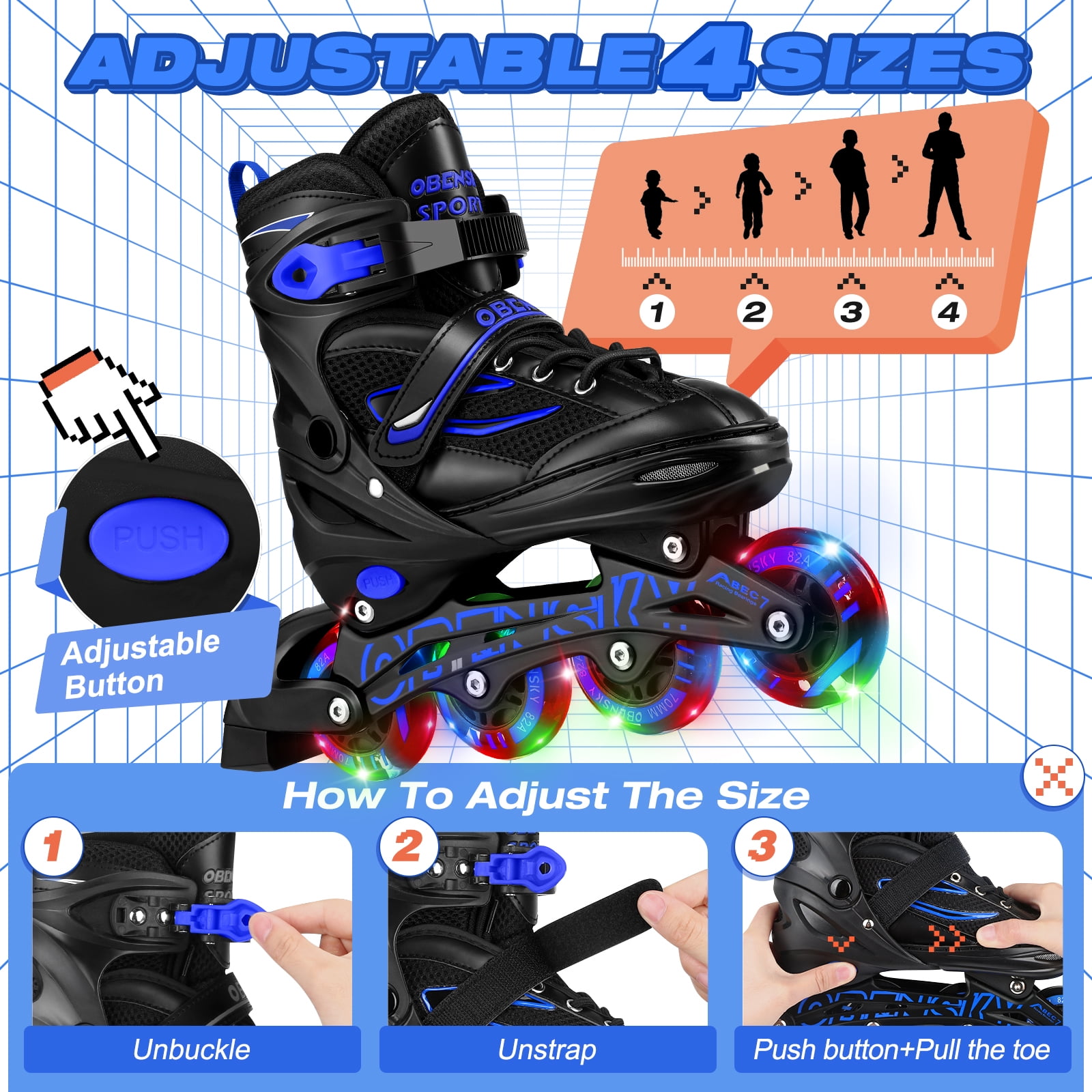 (2 pack) OBENSKY Adjustable Inline Skates, Illuminating Roller Blades for Kids,Girls&Boys Beginner w/ Light up Wheels-Blue
