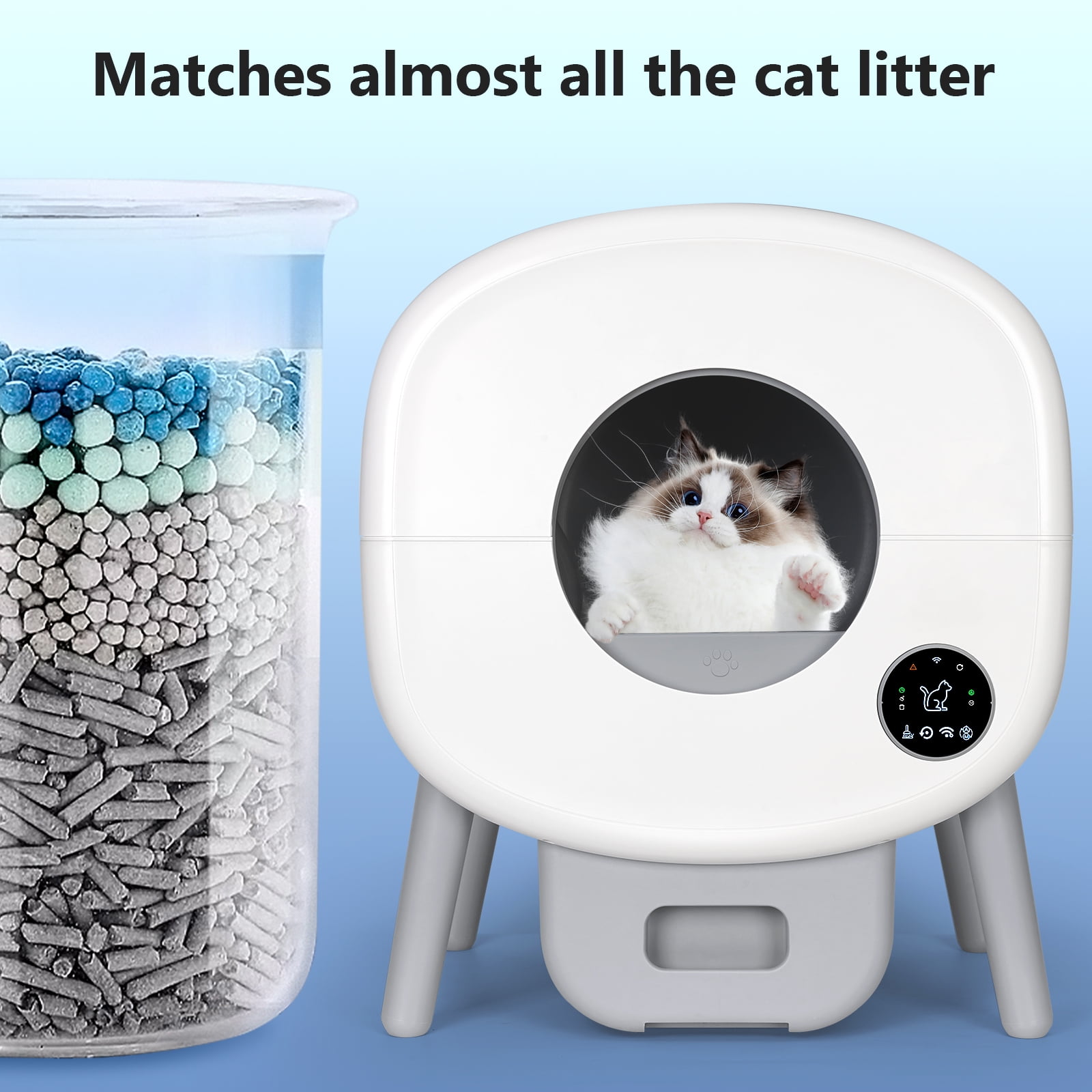 Self Cleaning Litter Box, Large Capacity Automatic Cat Litter Box Self Cleaning for Cats, App Control,Safety Protection, 2 Roll Garbage Bags,White & Grey