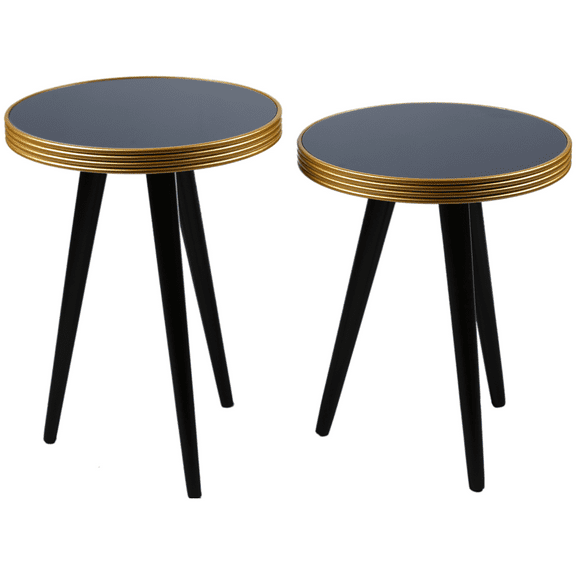 Round Wooden Side Tables, Portable Coffee Tables, End Tables for Living Room and Bedside with Glass Top - Set