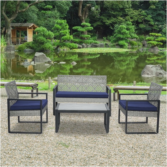 JERFIT 4-Piece Outdoor Patio Set with Acacia Wood Table, PE Rattan Chairs & Weather-Resistant Blue Cushions for Garden, Porch, Balcony