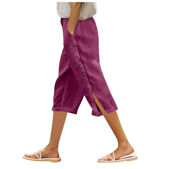 GEWSEY Botton Trim Capri Pants for Women Casual Striped Linen Pants Loose Fit Drawstring Trousers High Waist Cropped Trousers (, S)