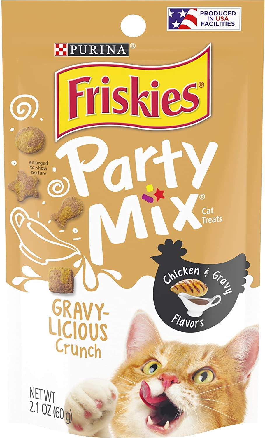 Purina Friskies Party Mix Cat Treats, Gravy-Licious Crunch, Chicken & Gravy Flavors, Dry Cat Treats, Helps Clean Teeth, 2.1-Ounce Resealable Pouch, (Pack of 6)