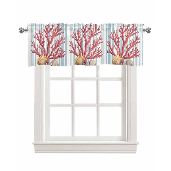 Red Coral Kitchen Valances for Windows Farmhouse Linen Window Valance Curtain for Living Room Window Treatment Coastal Shell Summer Beach Stripe Nautical Valance Rod Pocket Topper Drape, 42 x 12 Inch