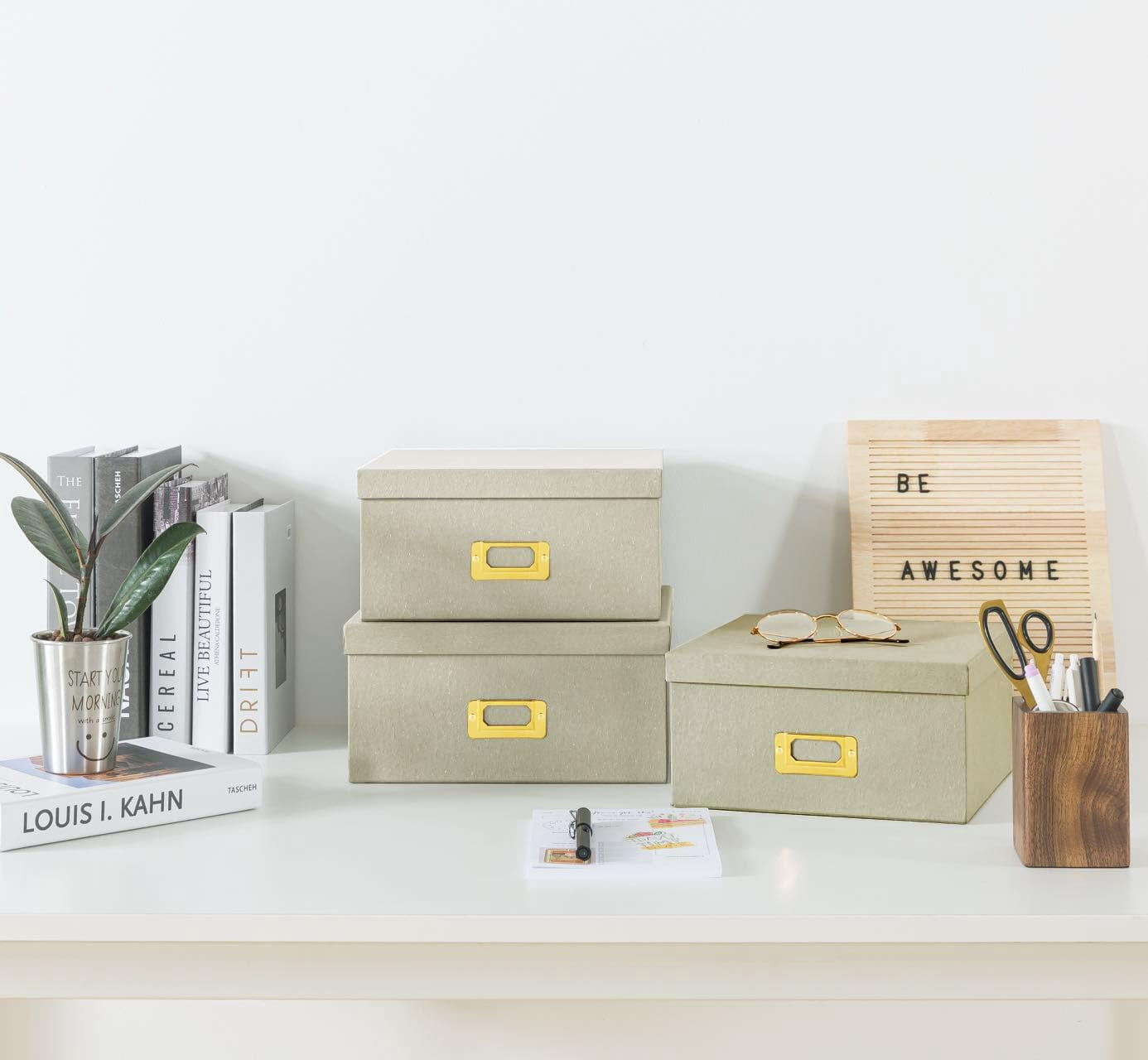 Square Stacking Boxes with Lids and Gold Label Holders, Decorative Photo Storage, Nesting Cardboard Set for Decor and Organizing