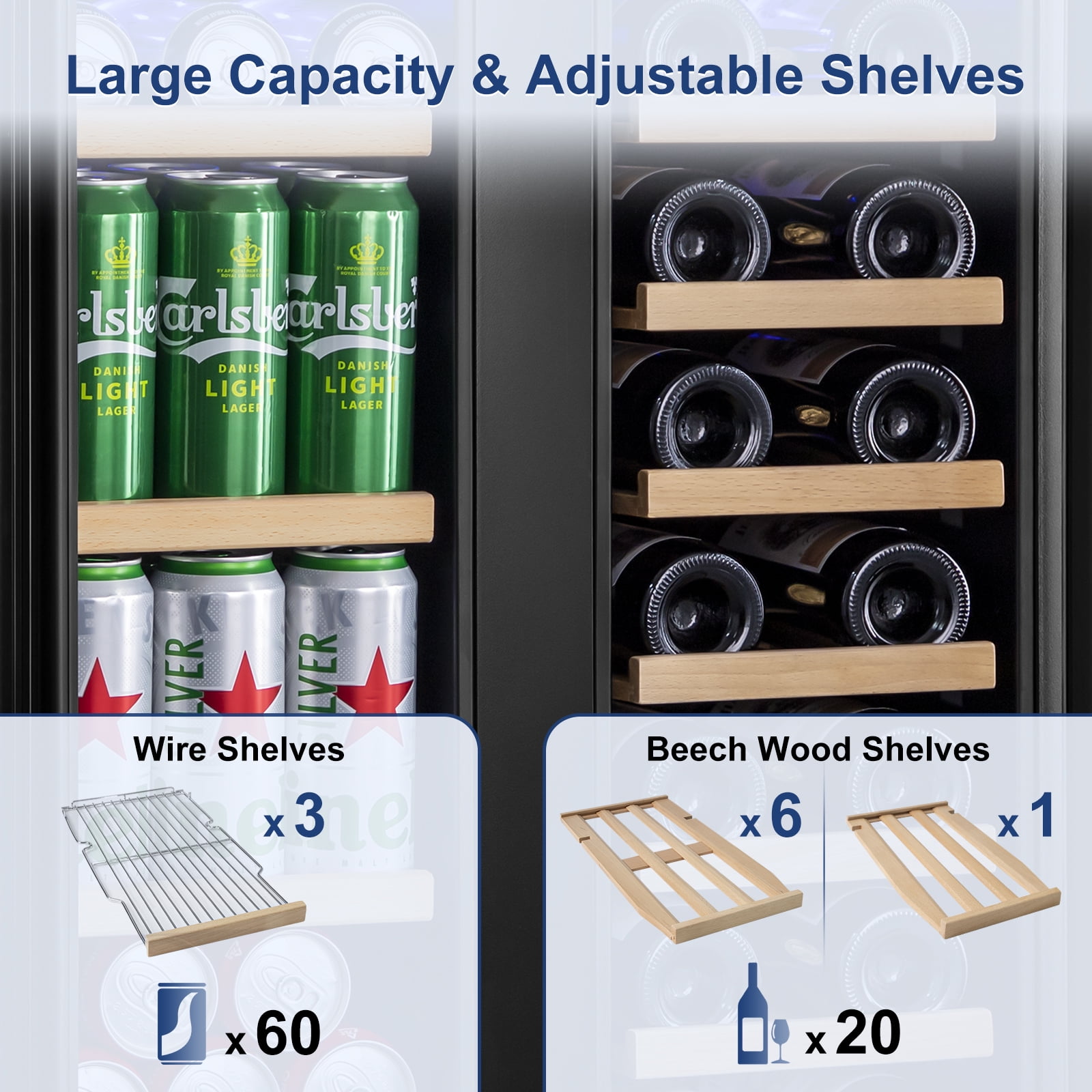 Nipus 24 inch Wine and Beverage Refrigerator,Dual Zone,Built-in Undercounter, 21 Bottles and 60 Cans,Black