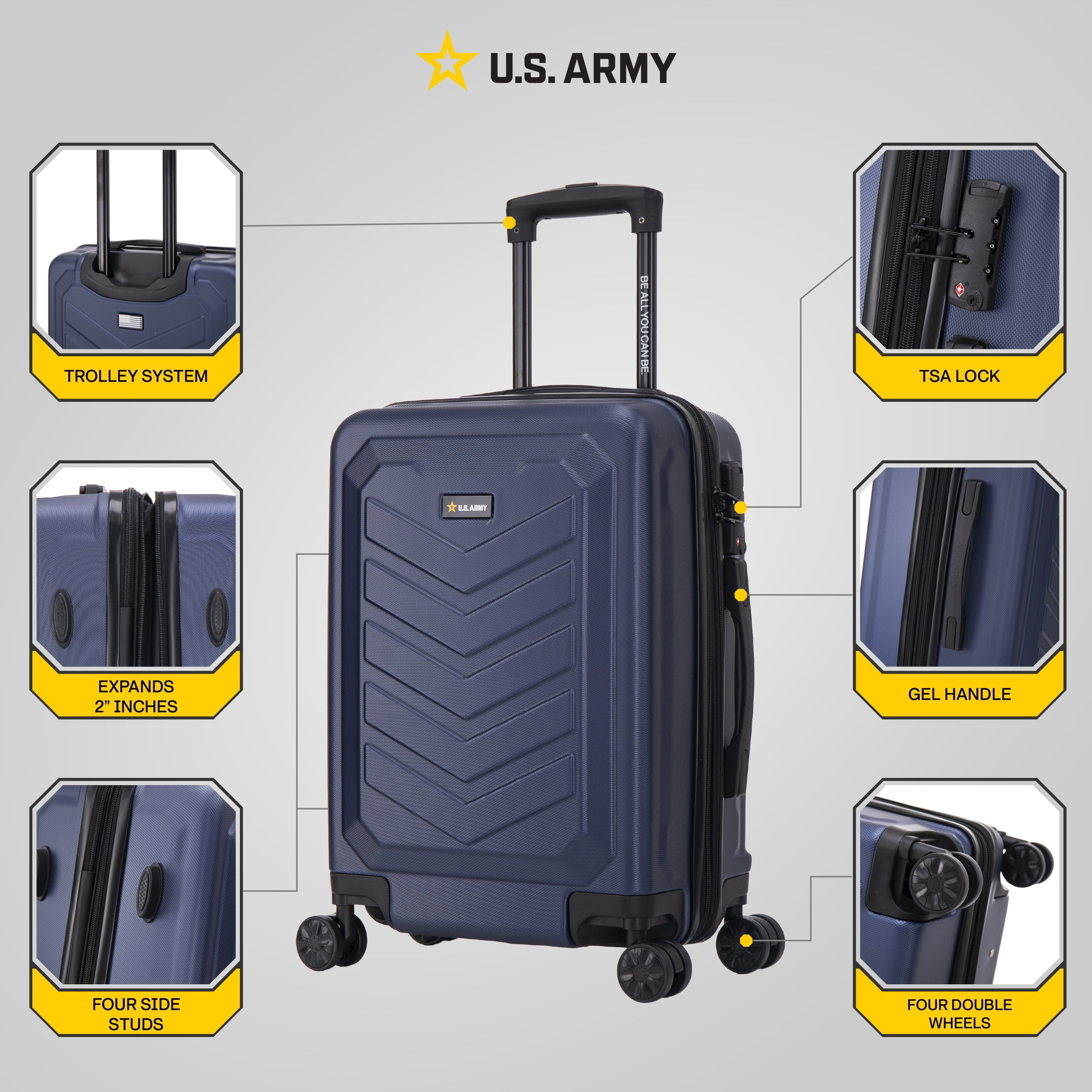 US ARMY FOX PRO 20" Expandable Carry-On Suitcase with TSA Lock Navy Blue