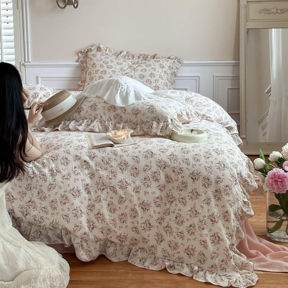 Pink Peony Floral Duvet Cover Set Full Size Muslin Cotton