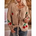 thumbnail image 4 of Womens Tie Front Cardigan Cute Cherry Open Front Y2k Sweater Oversized Chunky Knit Cardigan Tops Khaki XL, 4 of 7