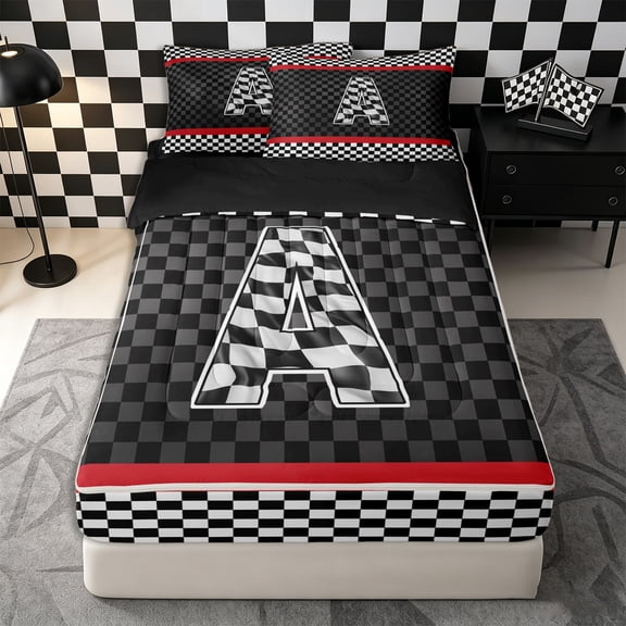 Homewish Racing Flag Zipper Twin Comforter Sets with Fitted Sheet and 2 Pillowcases for Kids Boys, Monogrammed A Zipper Bedding Set,4-Piece, Black Reversible