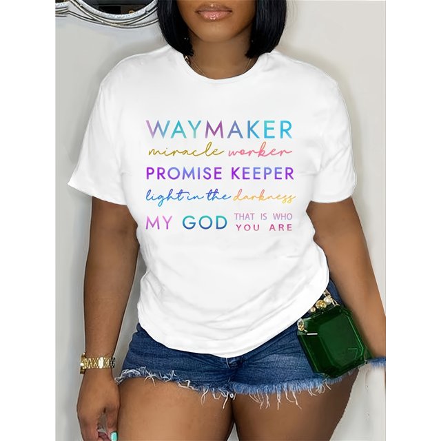 Women'S Regular Size Inspirational Quote T-Shirt - "Waymaker Miracle Worker Promise Keeper" Print, Comfortable Round Neck Short Sleeve Tee for Spring/Summer/Fall, Casual Wear|Inspirational