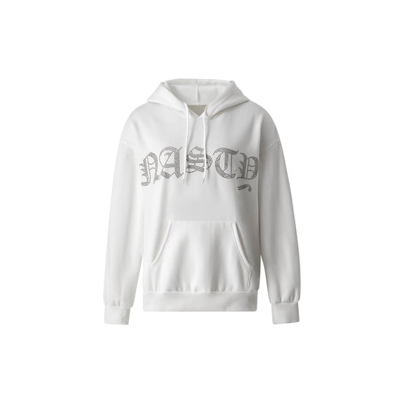 Sedceaty Women Casual Loose Fit Hoodie, Rhinestone Letters Pattern Long Sleeve Hooded Sweatshirt, Black/ White