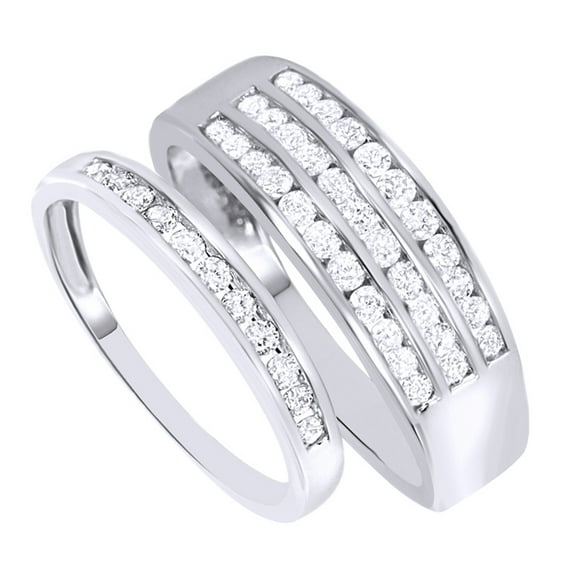 AFFY White Natural Diamond His And Hers Wedding Band Set in 14K White Gold (0.88 Cttw)