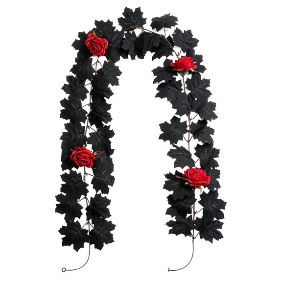 79-Inch Black Leaf Red Rose Vine, PE Material, Gothic Dark Romance, Halloween Table Party Home Decor