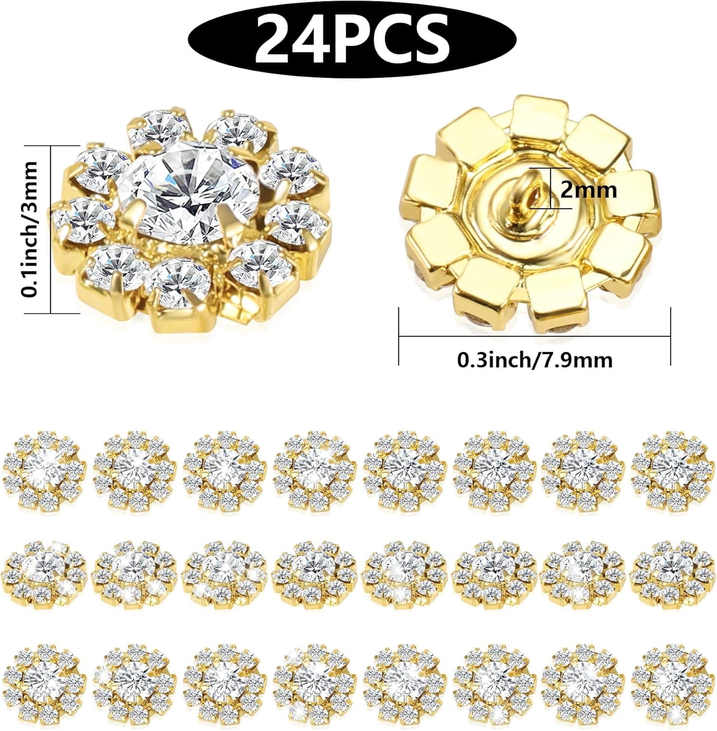 Wholesale 24 count 16MM  Metal Clear Rhinestone Glass Buttons Supplies Bulk for Craft (Shank)