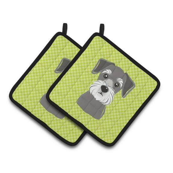Checkerboard Lime Green Schnauzer Pair of Pot Holders