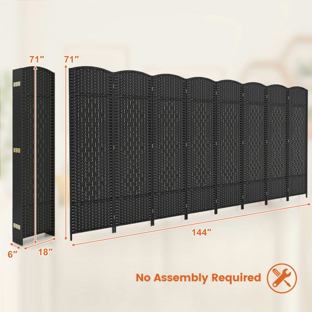 Spaco 8-Panel 6 Feet Tall Room Divider, Folding Room Divider with Hand-Woven Texture, Privacy Screen with Solid Wood Frame for Indoor, Black