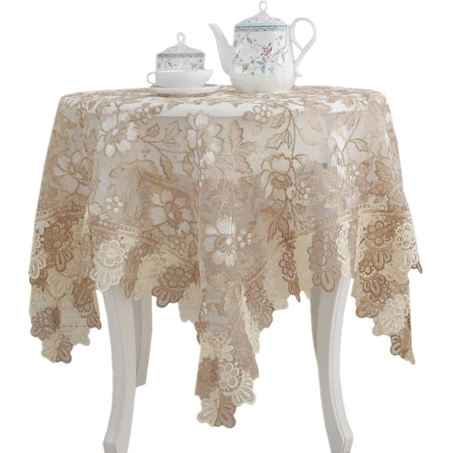 Lace Polyester Round Tablecloth Embroidery Round Table Cloths for Party Wedding Kitchen Dining Home Decorations, Round - 60", Beige