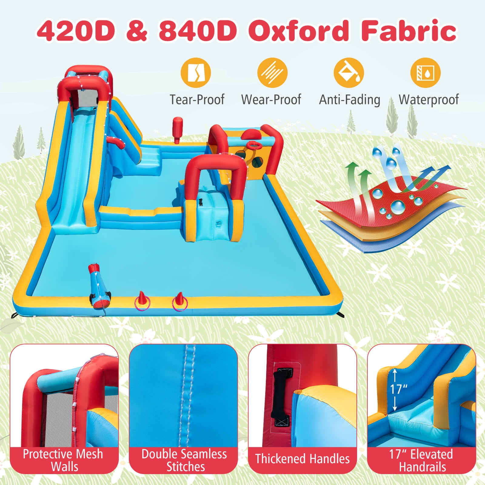 Costway Inflatable Water Park with Climbing Wall Boxing Post Basketball Rim 750W Blower