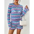 thumbnail image 4 of FOCUSNORM Ensemble de Vêtements pour Femmes 2 Pcs Shorts d'Automne Rayures Patchwork Col Rond Manches Longues Pull Hauts Tricotés Shorts, 4 of 9