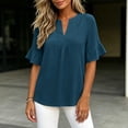 thumbnail image 6 of Edvintorg Summer Shirts for Women Cotton Linen V Neck Short Ruffle Sleeve Loose Casual Tops Womens Blouses Women Clothing Navy L, 6 of 9