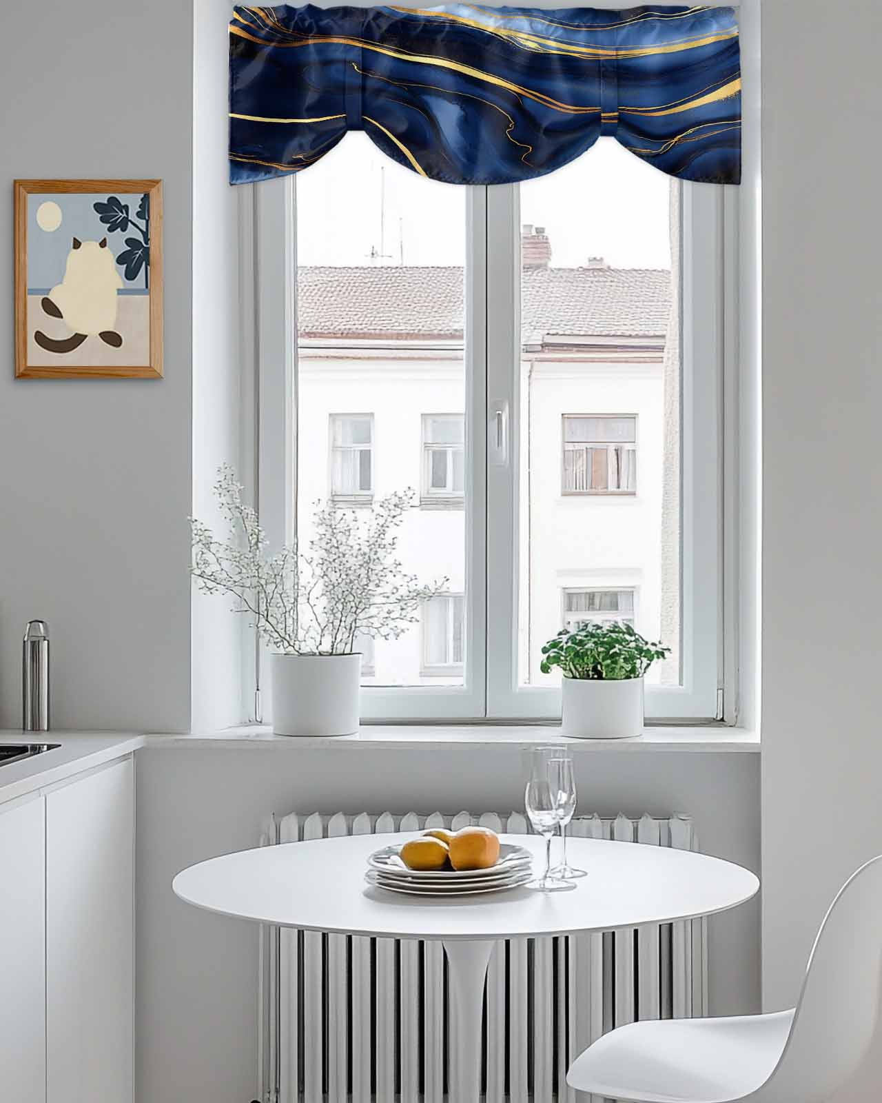 Marble Texture Tie Up Valances Curtain, Adjustable Kitchen Modern Blue Golden Fluid Art Valances for Windows Decor, Rod Pocket Short Curtains Set for Bedroom/Bathroom, 60"x18"