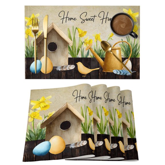 Spring Eggs Placemats Set of 8 Kettles Yellow Flower Vintage Home Farm Heat Insulation Washable Place Mats, Non-Slip Table Mats for Dining Table Party Kitchen Decor, 13x19 Inch