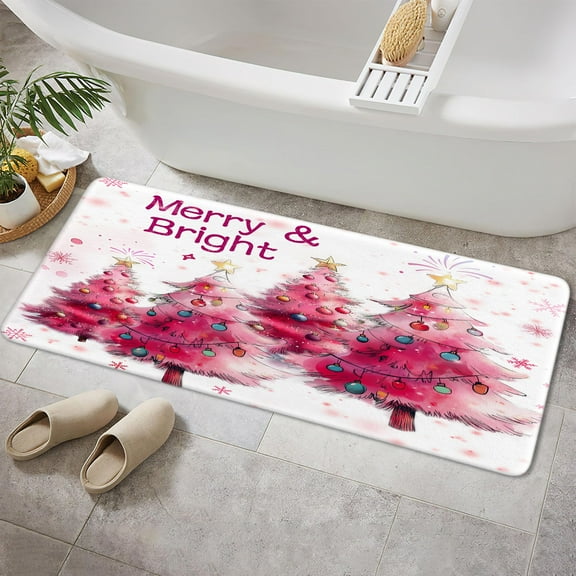 Merry Christmas Rugs Mat, Abstract Watercolor Pink Xmas Tree Ball Forest Farmhouse Colorful Star Winter Holiday Rug for Bathroom Bedroom Kitchen, Soft Flannel Floor Rug Bathroom Decor, 15.7X23.6in