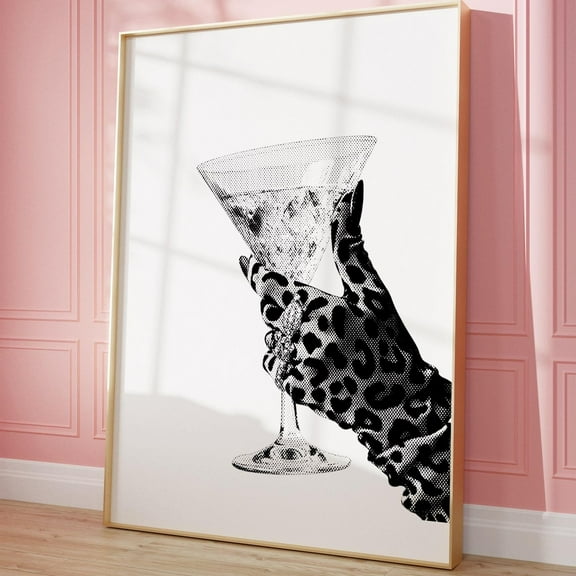 Glam Martini Glass Art Print, Chic Black And White Leopard Glove Poster, Modern Wall Decor, Stylish Art For Home Or Bar Decor Wall Art, Modern Wall Decor, 8x12 UNFRAMED