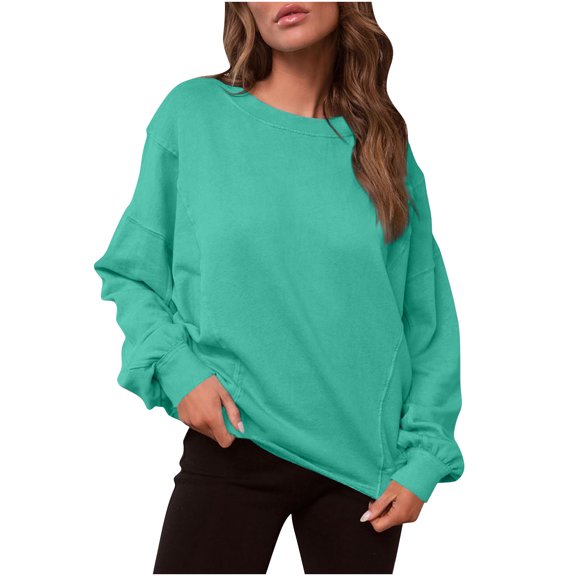 Women Sweatshirts Ladies Long Sleeve Tops Loose Casual Crewneck Drop Shoulder Hoodless Sweatshirt Baggy Solid Color Workout Pullover Tops Y2K Streetwear Fall Fashion Clothes