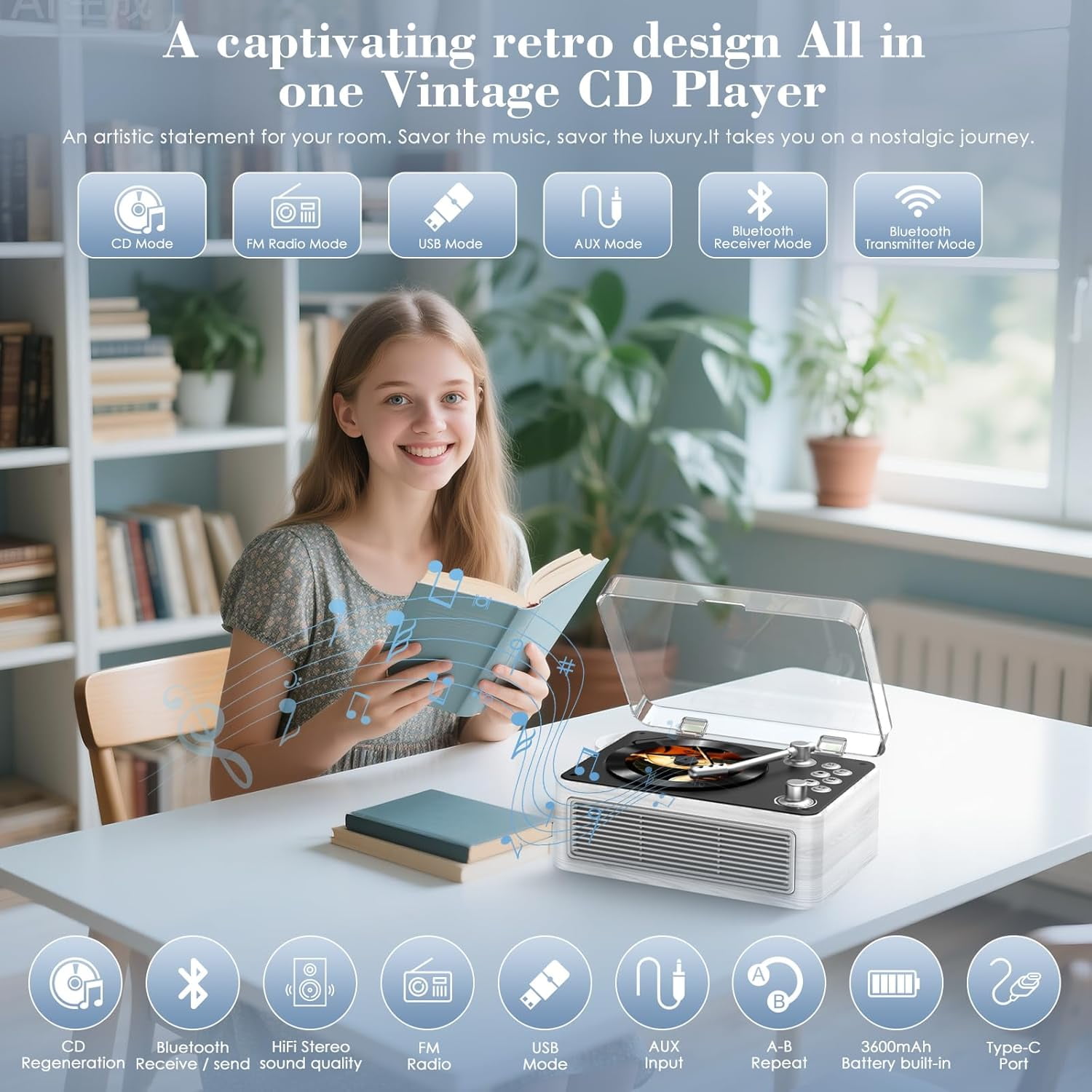 Qoosea CD Player Portable Bluetooth: CD Players for Home with Speakers Rechargeable & Radio & Remote Control Vintage CD-Player Support USB/AUX Playback Headphone Jack