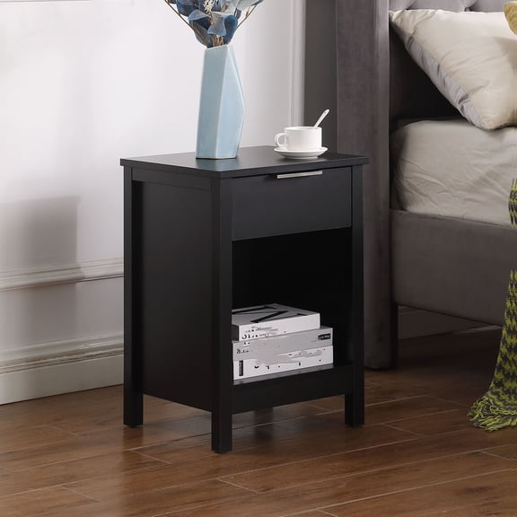 Dtwnek 1 Drawer Nightstand with Shelf, Wood Bedside Table for Bedroom, Living Room, Black
