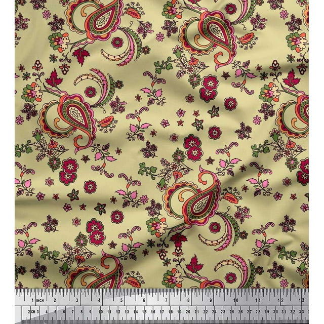 Soimoi Beige Modal Satin Fabric Floral & Paisley Decor Fabric Printed Yard 42 Inch Wide