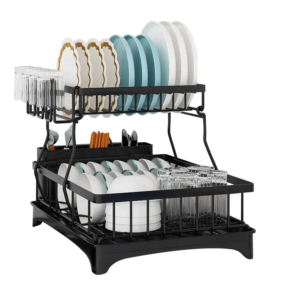 2 Tier Dish Drying Rack with Drain Board, Carbon Steel Countertop Dish Drainer for Kitchen Sink, Free Standing Black Dish Rack for Plates Bowls Cups Utensils