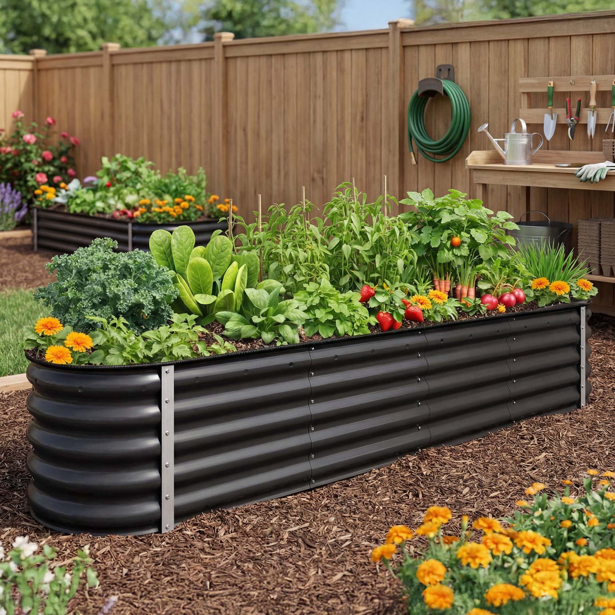 Uforic 17" Tall 9 in 1 Outdoor Raised Garden Bed Kits,8ft x 2ft Large Galvanized Metal Patio Planter Box with Safety Rubber & Gloves, for Vegetables Flowers,Black