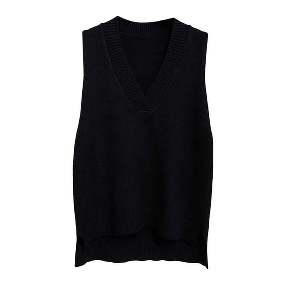 RMGVDSD Women's V Neck Knitted Vest Loose Versatile Sweater Vest Solid Color Vest Sleeveless Sweater Vest Ladies Casual Knit Sweater /Black