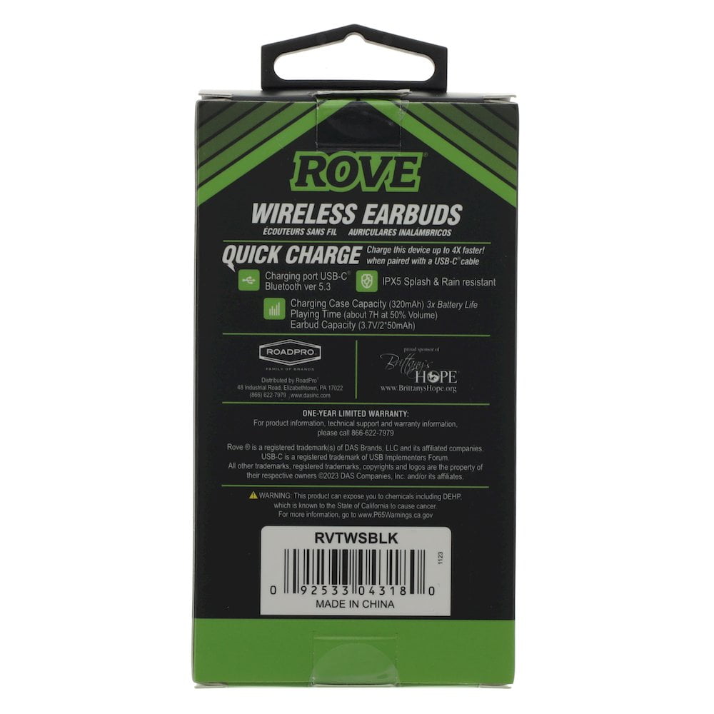 Rove RVTWSBLK Rove Wireless Earbuds Bluetooth 5.3 Headphones In-Ear Headset Earbuds with Charging Case-Black