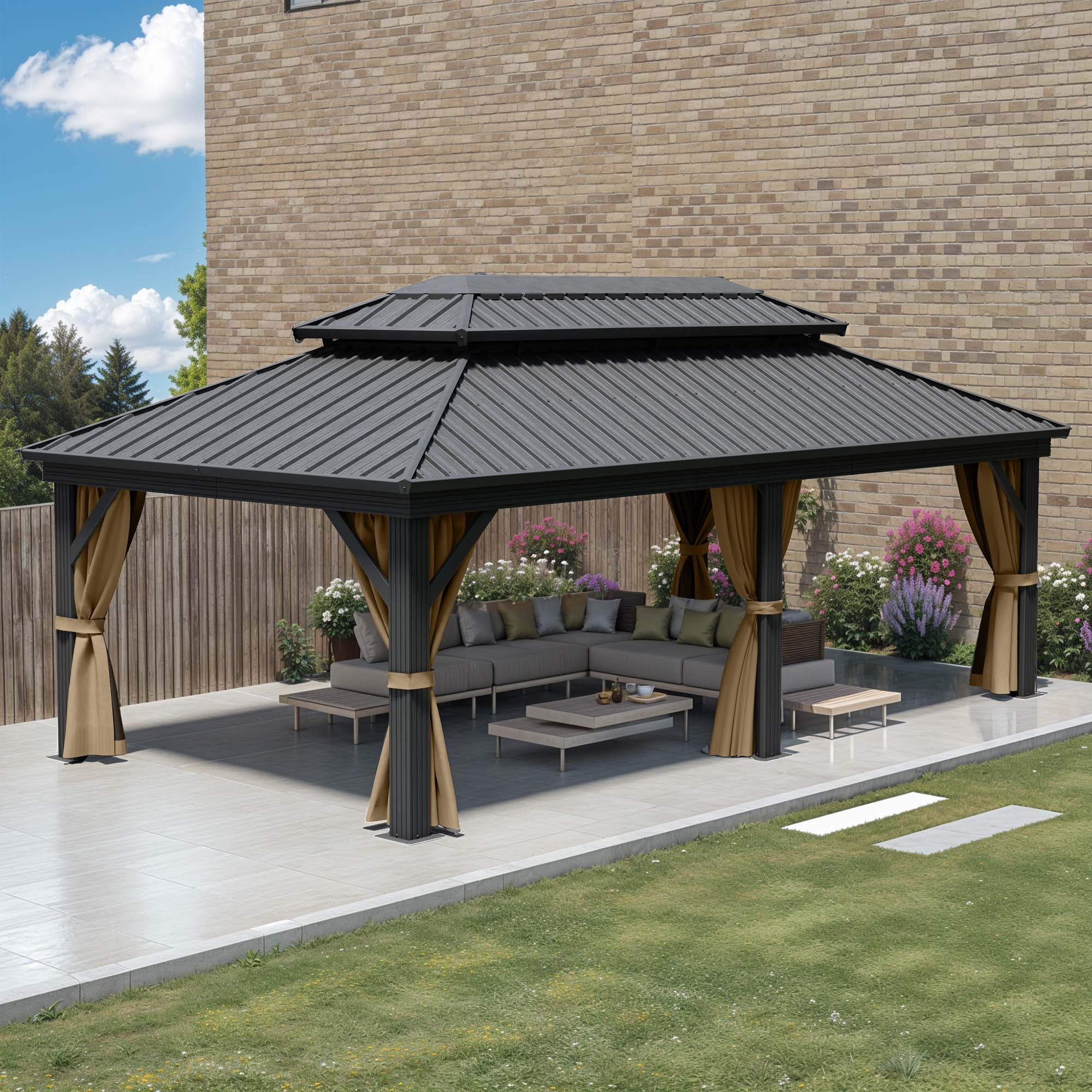Dextrus 12x18ft Outdoor Hardtop Gazebo with Netting & Brown Curtains,Double Roof Outdoor Galvanized Iron Aluminum Frame Garden Tent for Patio, Backyard, Black&Brown