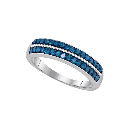 Two Row Channel Set (Size - 7 - Solid 10k White Gold Round Blue And White Diamond Channel Set Two Rows Wedding Band OR Fashion Ring (1/2)