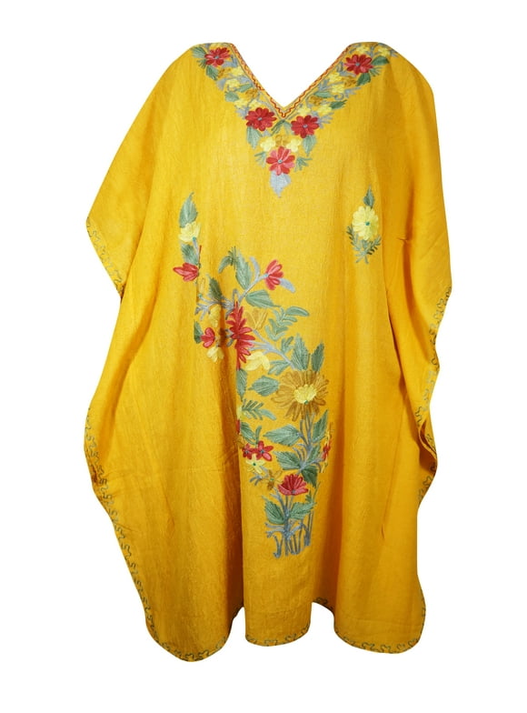 Mogul Women Embroidery Mid Length Caftan Dress V-Neck Kimono Sleeves Resort Wear Cover Up Yellow Tunic Kaftan Dresses 2XL