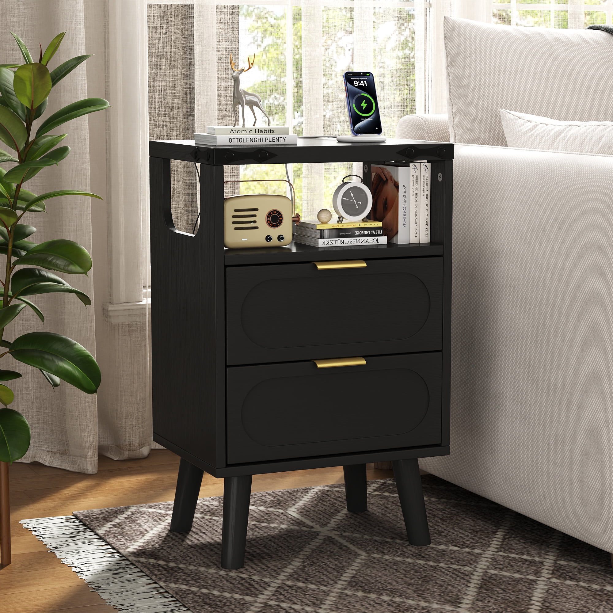 Smart LED Nightstand with Charging Station, Side Table with 2 Wooden Drawers, End Table with Open Shelf, Night Stand for Bedroom, Black