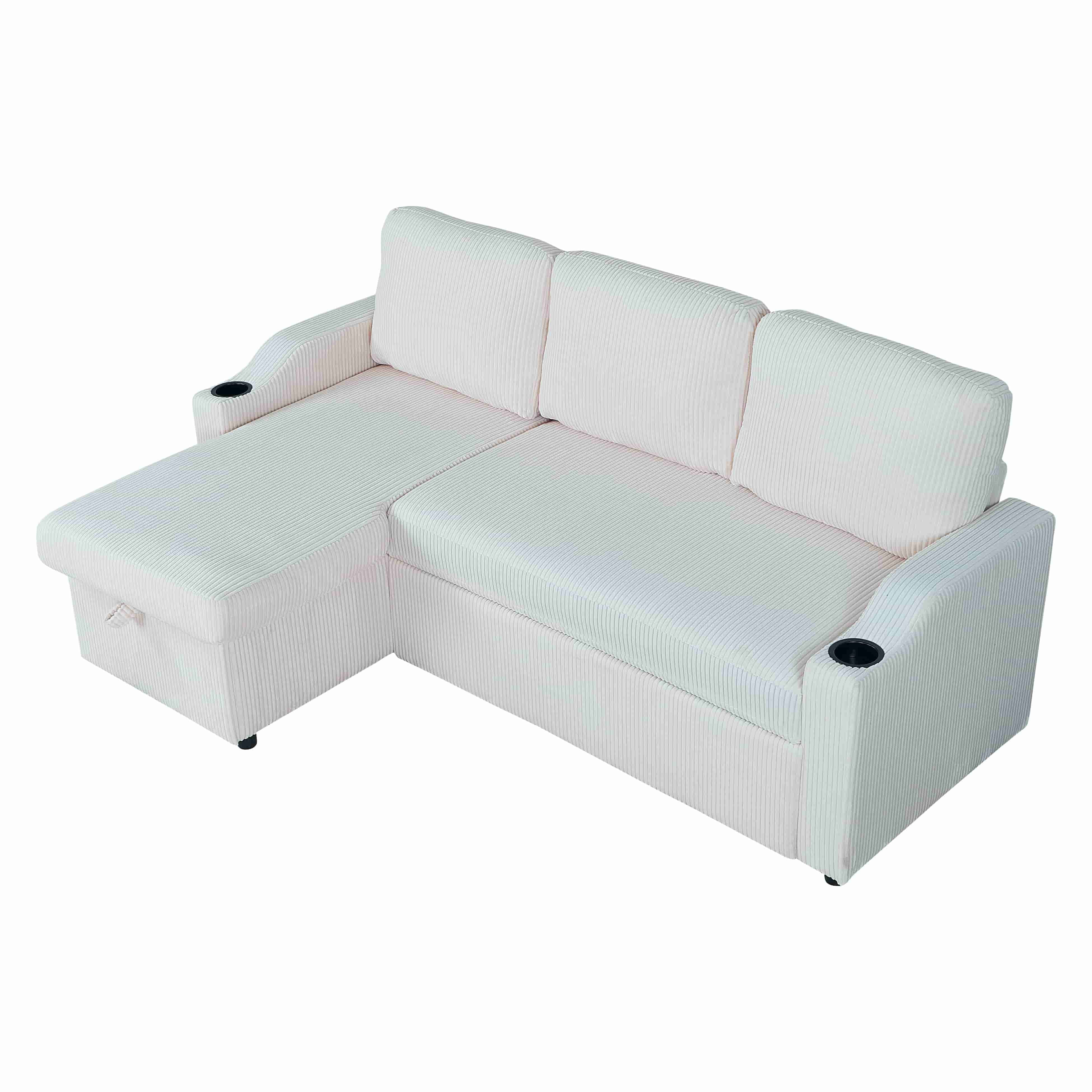 BSHTI Modern L-Shaped Sectional Sofa Bed, Solid Wood Frame, Corduroy Fabric Cover, 2 In 1 Pull-Out Sleeper Bed Sofa, Hidden Storage Space, Beige