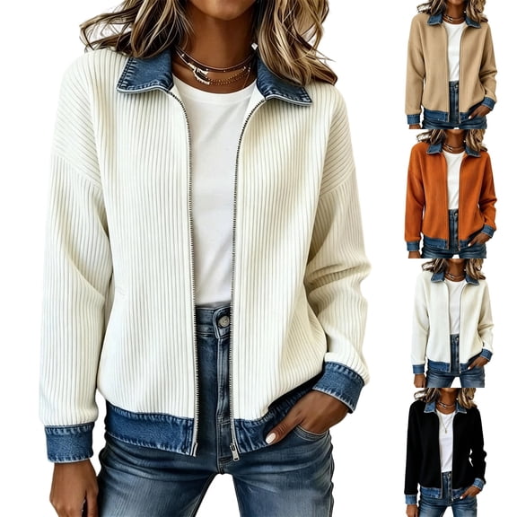 JULMCOMO Ribbed Knit Jacket for Women Collared Denim Contrast Zip Up Jacket Spliced Jean Trim Long Sleeve Casual Cardigan White 2XL