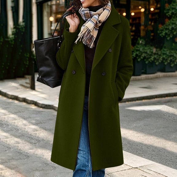 IUYRTFE Women's Double Breasted Long Overcoat Lapel Collar Knee Length Casual Winter Coat with Pockets