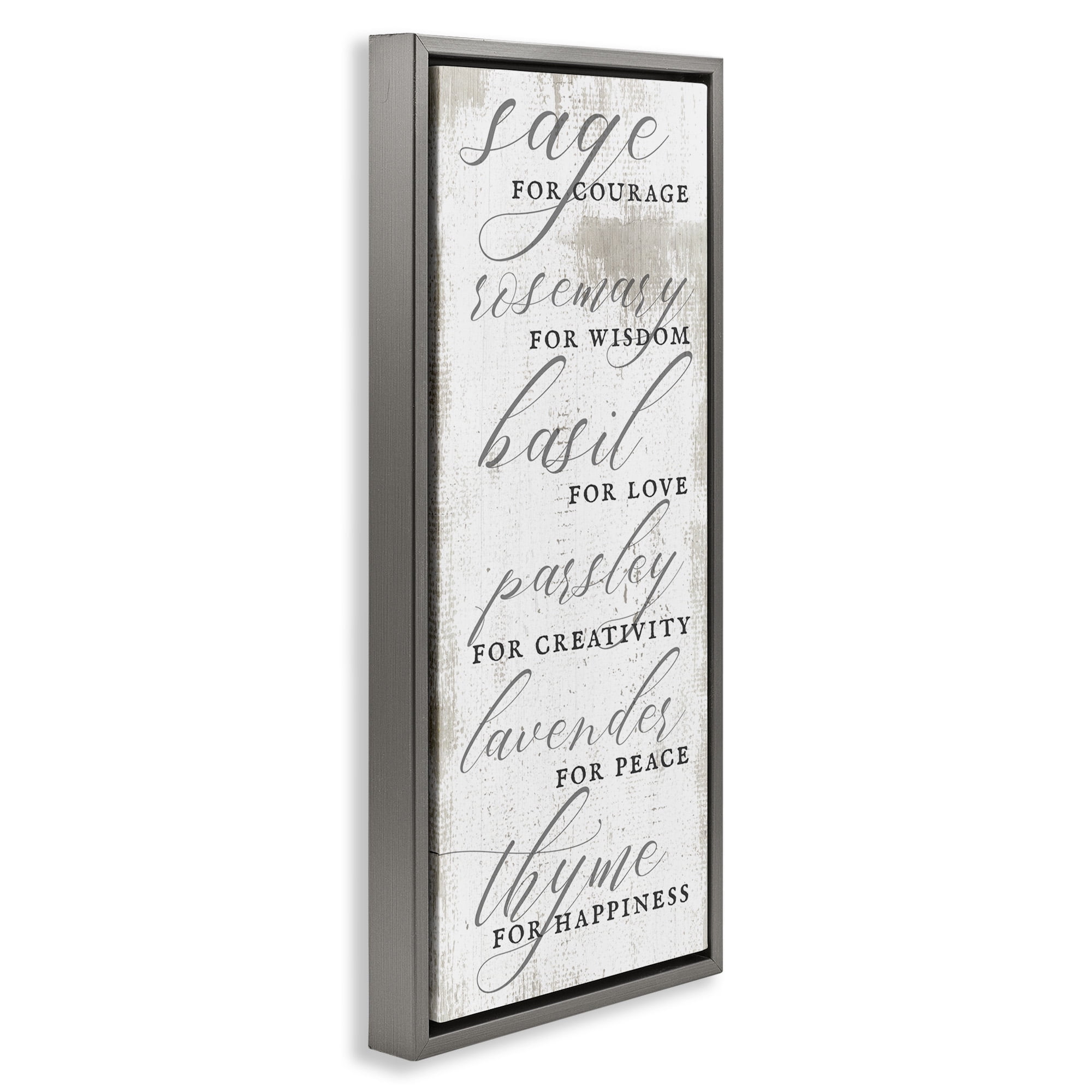 Stupell Industries Sage Basil Thyme Sentimental Phrases Food & Beverage Painting Gray Floater Framed Canvas Art Print Wall Art, 11 x 25