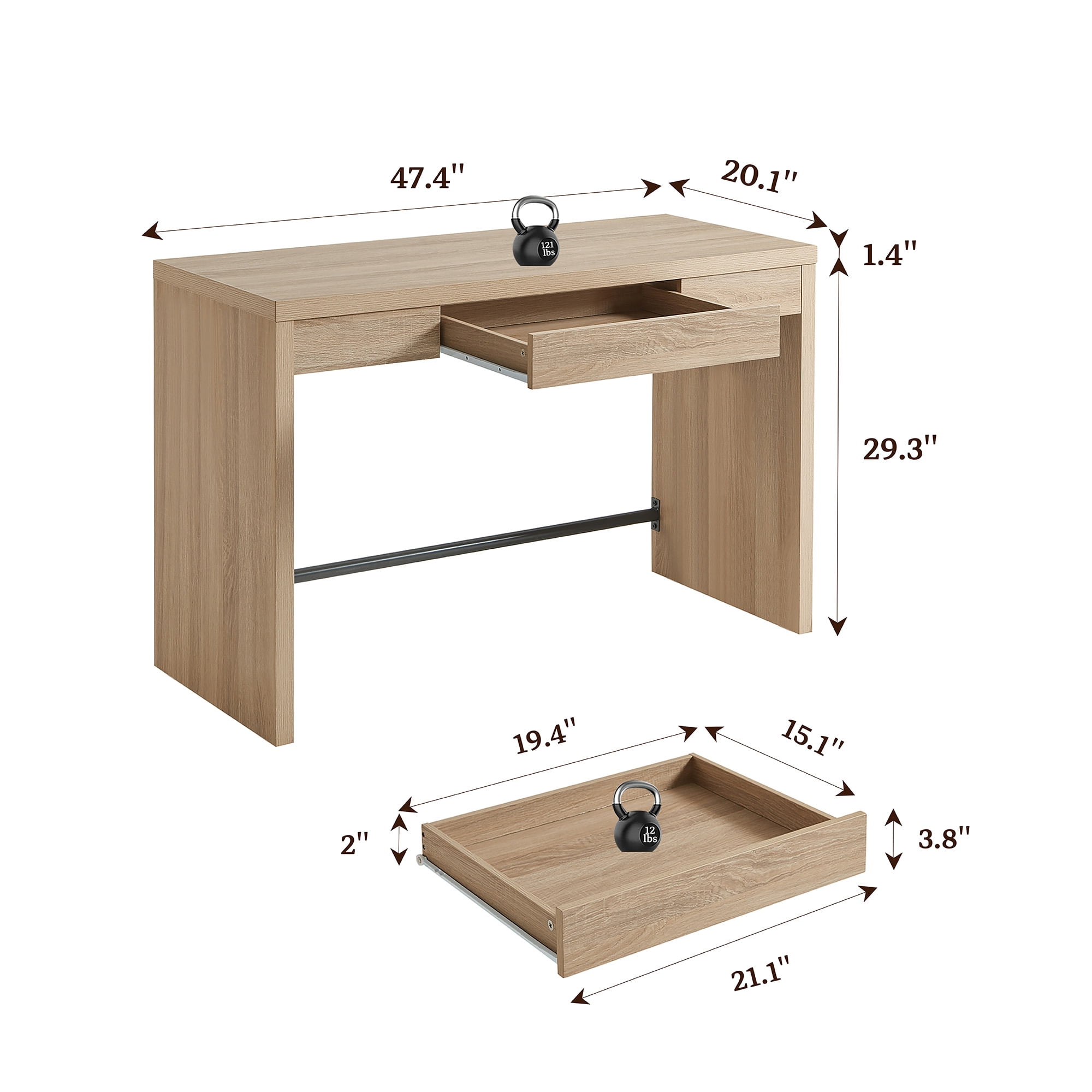 SICOTAS 47.4 inch Computer Desk with Drawer, Wood Writing Desk, Small Study Table for Home Office in Light Oak